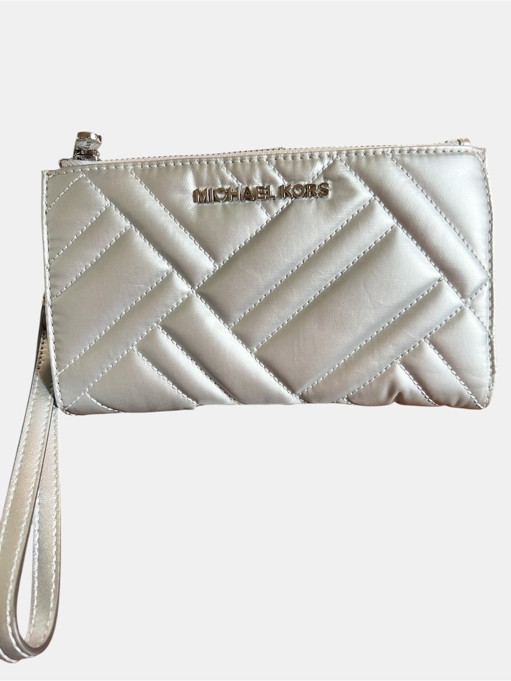 Michael Kors Peyton Large Quilted Double-Zip Wristlet Metallic Silver